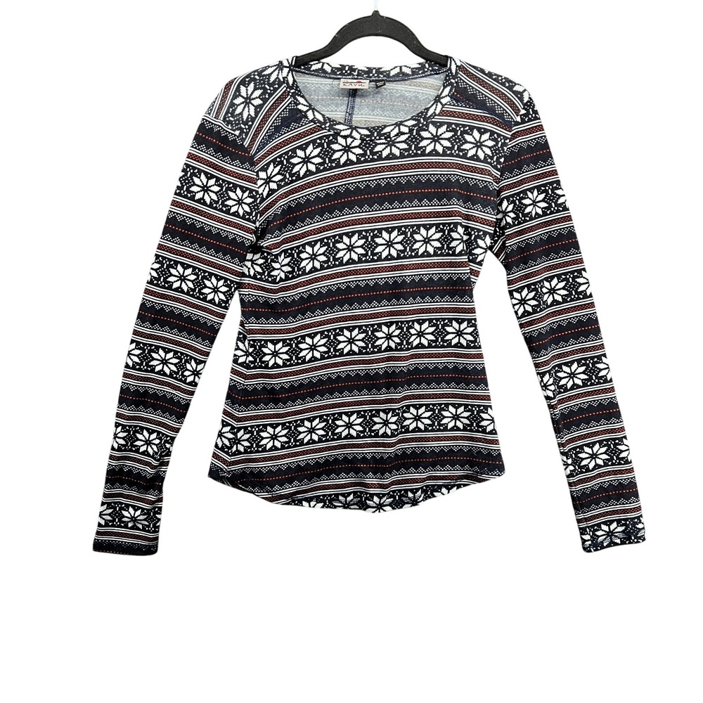 KAVU Matilda Base Layer Top Womens XS Blue Red Snowflake Fair Isle Ski Nordic